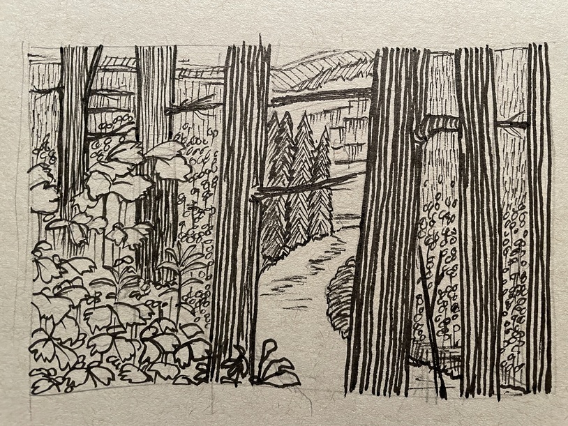 ink drawing of landscape