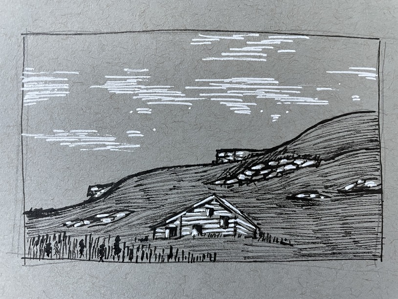 drawing of old building on hill