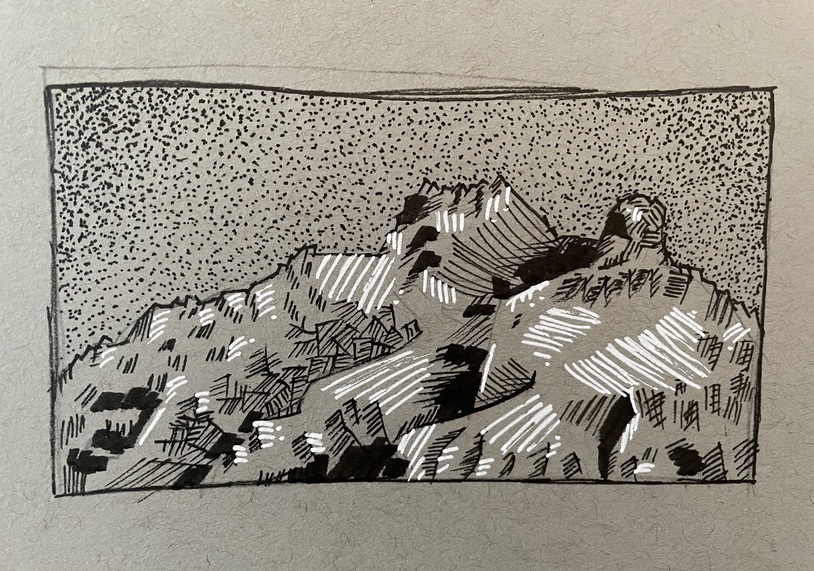 snowy mountain landsacpe ink drawing