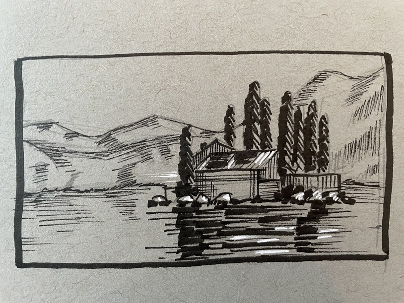ink sketch of an island in a lake