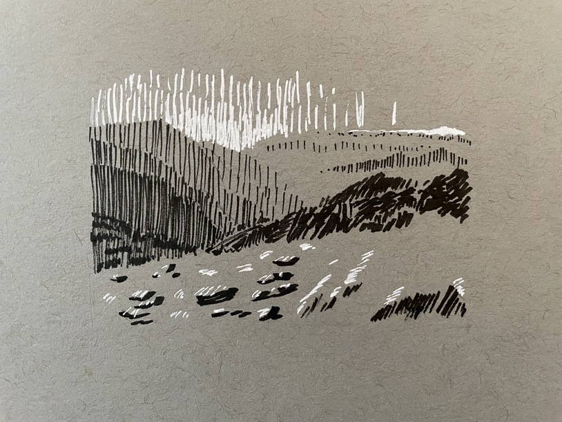 ink drawing of mountain landscape