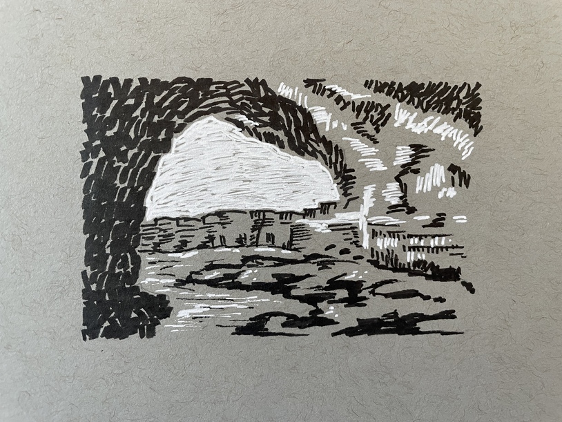 ink drawing of landscape from within a cave