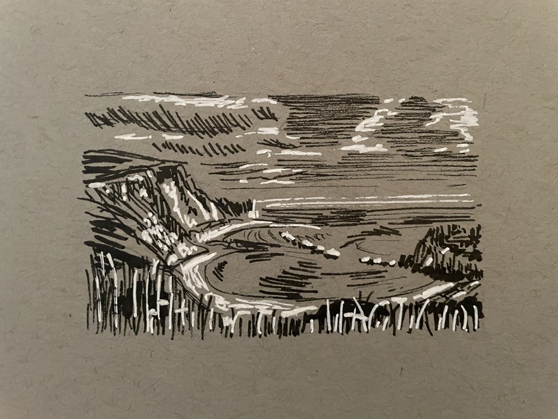 ink drawing of coastal bay