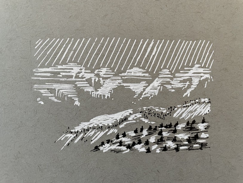 ink drawing of mountain range