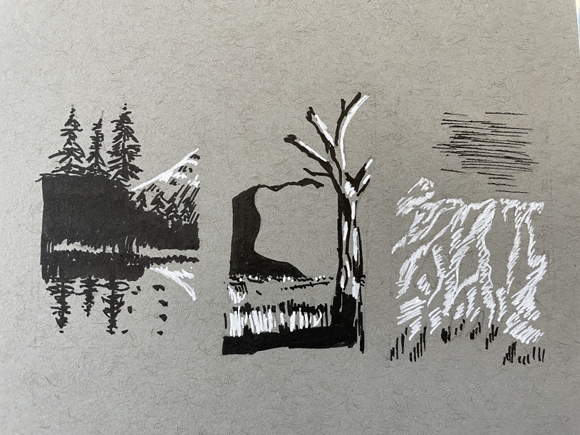 ink drawing of three mini landscapes